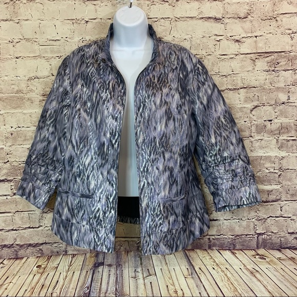 Chico’s Purple Silver Metallic Zipper Front 3/4 Ruched Sleeve Jacket - Picture 7 of 11